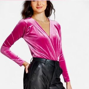And Now This Women's Raspberry Velvet Long-Sleeve Surplice Bodysuit